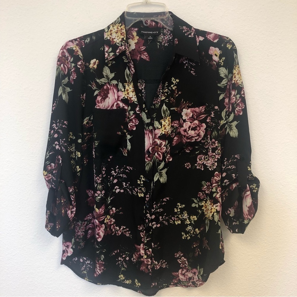 Fortune + Ivy Christelle Medium woman's black floral button up blouse top/
